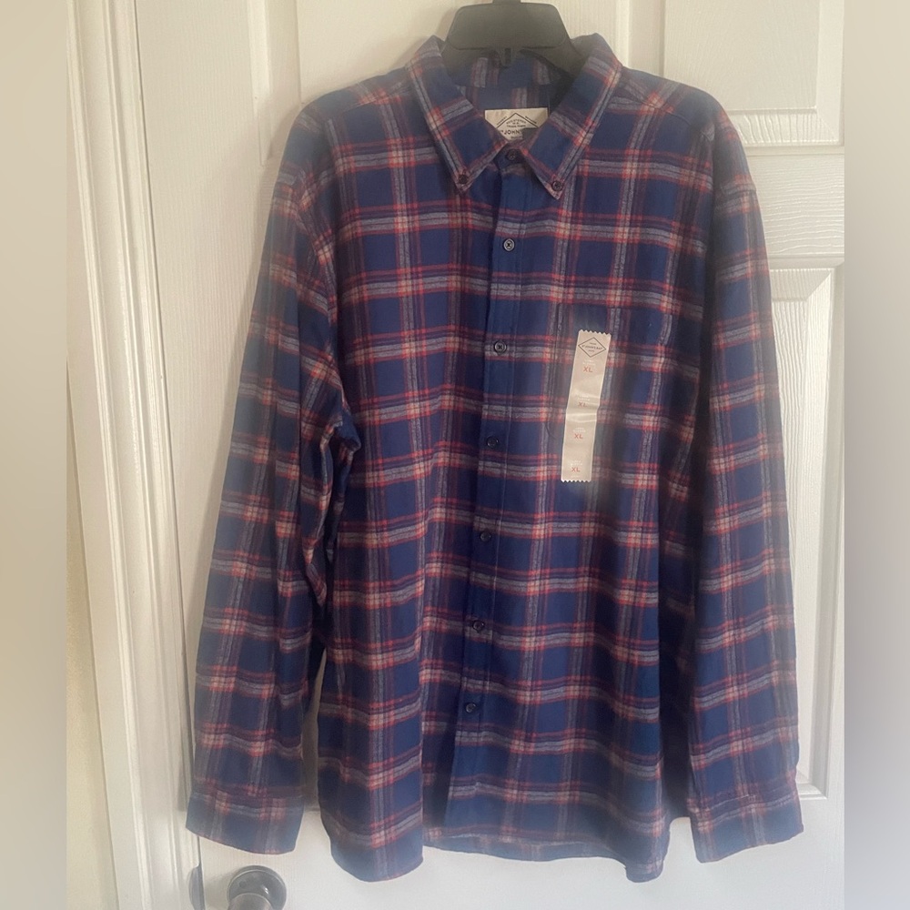 St. John's Bay Navy and Red Plaid Button Down Shirt